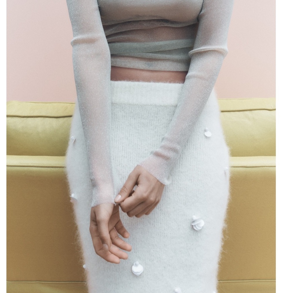 Zara Sequin embroidered Alpaca Blend Knit Pencil Midi Skirt Ecru white S NWT - Picture 3 of 15